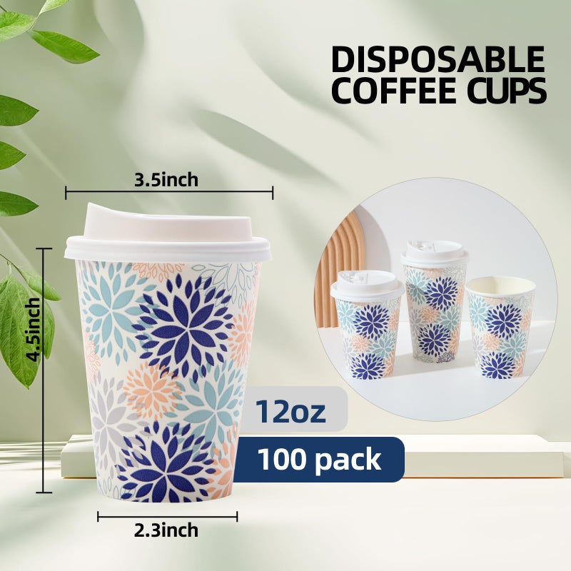 Tamone 100 PACK 12OZ Disposable Coffee Cups with Lids, To Go Coffee Cups with Lids Leak Proof, White and Blue Paper Cups Flower Design for Cold/Hot Coffee Beverage Chocolate Cocoa for Home Office - Image 2
